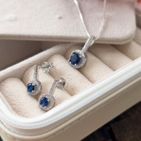 Conjunto Brincos& Gargantilha Prata 925 Zirconias Azul